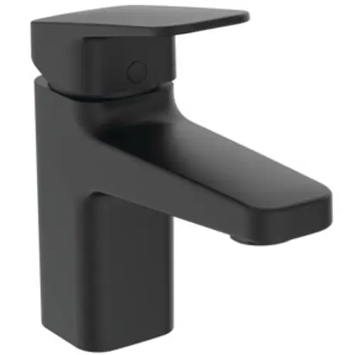 Schwarze Waschtischarmatur von Ideal Standard mit flachem Griff und eckigem Körper. Geeignet für den Einsatz in modernen Badezimmern.